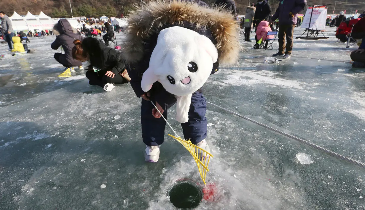 Peserta memancing ikan trout melalui lubang yang mereka buat di atas sungai beku di Hwacheon, Korea Selatan, Sabtu (5/1). Kontes ini merupakan bagian dari festival es tahunan yang menarik lebih dari satu juta pengunjung setiap tahun. (AP/Ahn Young-joon)
