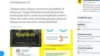 Unggahan Universitas Indonesia menanggapi lulusan baru atau fresh graduate gaji Rp 8 juta. (Twitter @univ_indonesia)