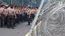 Polisi berjaga menjelang sidang perdana MK Pemilu 2019 di halaman depan Gedung Mahkamah Konstitusi, Jakarta, Jumat, (14/6/2019). Sekitar 30 ribu pesonil gabungan diterjunkan untuk mengawal jalannya sidang dengan menerapkan skema pengamanan empat lapis. (Liputan6.com/Johan Tallo)