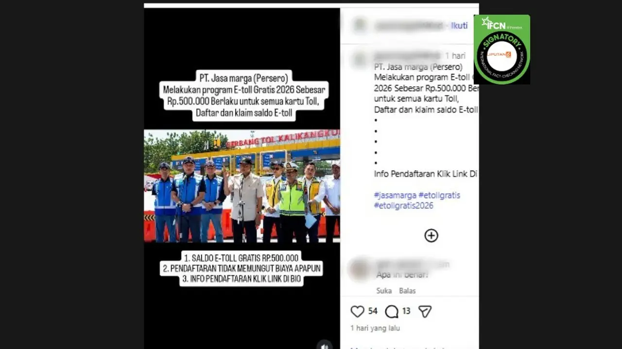 Hasil penelusuran cek fakta, klaim pendaftaran program e-toll gratis dari Jasa Marga merupakan hoaks