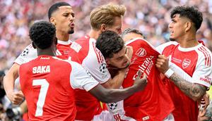 Pemain Arsenal merayakan gol yang dicetak oleh Kai Havertz ke gawang Paris Saint-Germain (PSG) dalam pertandingan final Liga Champions 2025/2026 di Puskas Arena, Budapest, Sabtu (30/5/2026). (INA FASSBENDER / AFP)