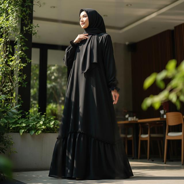 4. Gamis Hitam Detail Ruffle Halus