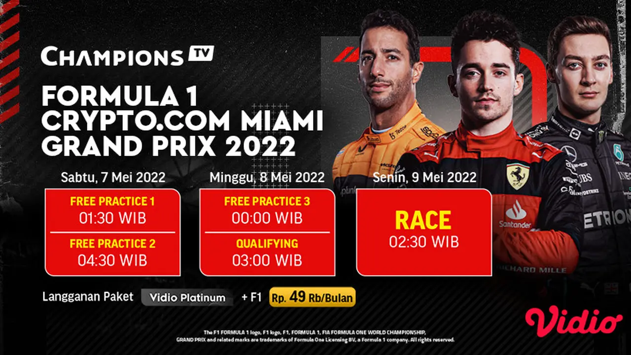 Yuk, Tonton Keseruan Live Streaming F1 GP Miami Grand Prix 7-9 Mei 2022 di Vidio