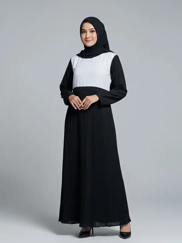 Model Gamis Kombinasi Hitam Putih Model Lipit