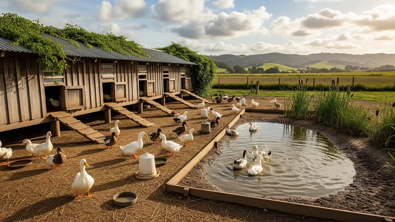 Ide Kandang Bebek dengan Area Kering dan Tempat Berendam (AI Generated)