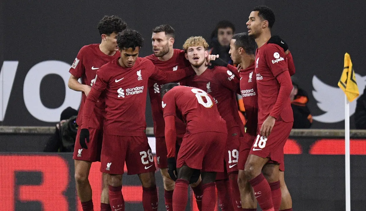Gol Harvey Elliott menjadi satu-satunya yang tercipta pada laga tersebut. Kemenangan 1-0 Liverpool atas Wolves di putaran ketiga Piala FA 2022/2023 sukses mengantarkan The Reds ke tahap berikutnya. (AFP/Oli Scarff)