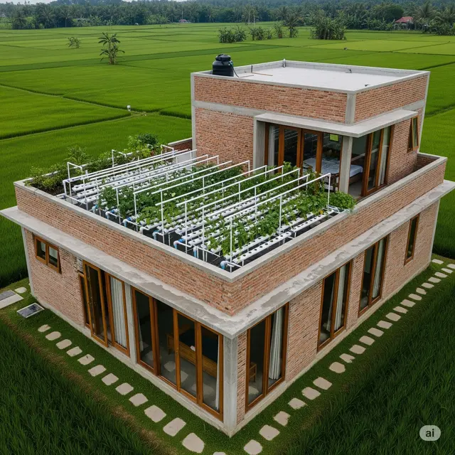 Rumah Bata Ekspos dengan Taman Atap Produktif