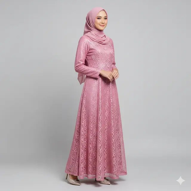 Gamis Pesta Kombinasi Brokat Full Payet.