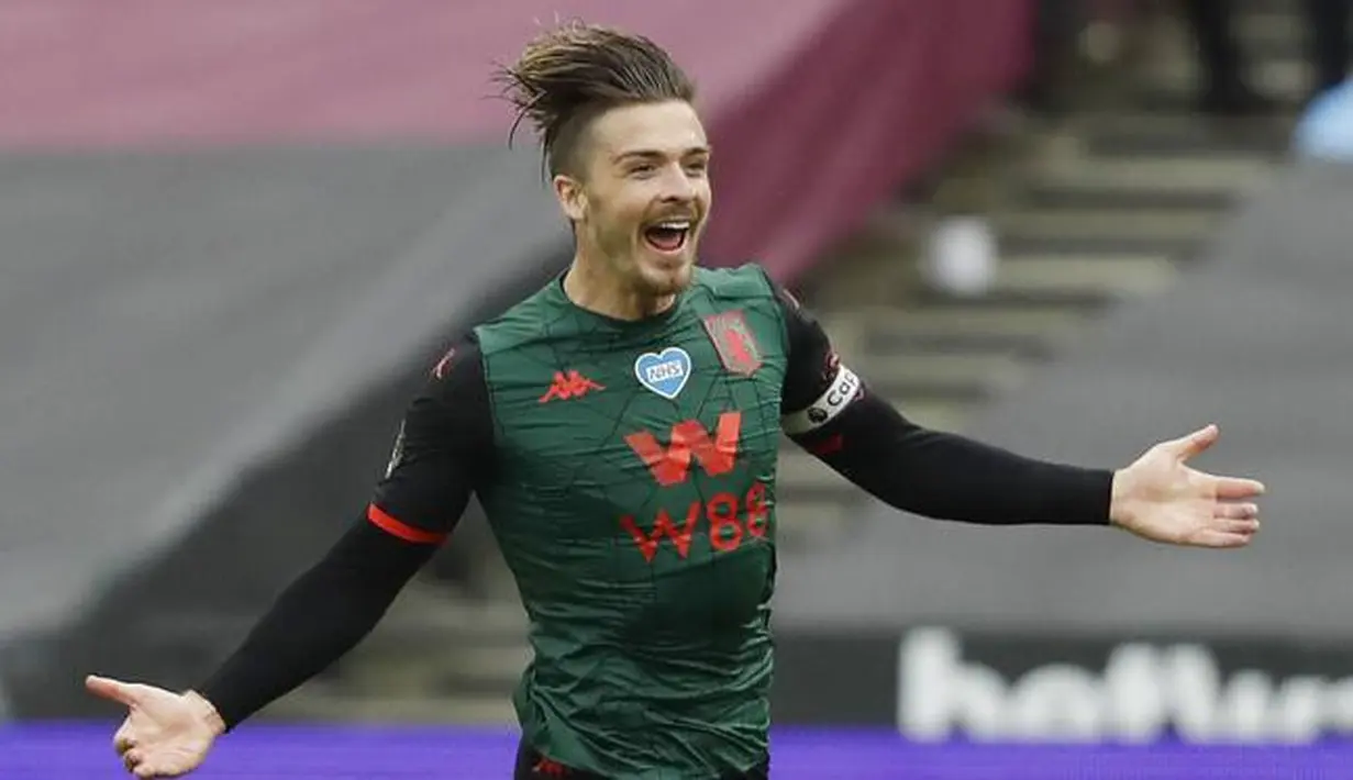 Jack Grealish - Grealish dinilai sebagai sosok yang tepat bagi Manchester United untuk menambah kekuatan dan menjadi pemain pelapis Bruno Fernandes serta Paul Pogba. (Andy Rain/Pool via AP)