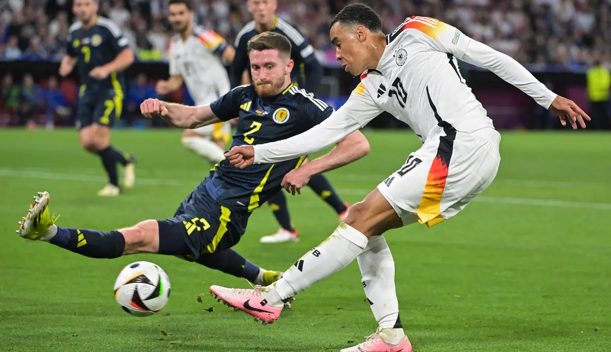 Gol Jerman dicetak oleh Florian Wirtz, Jamal Musiala, Kai Havertz, Nicklas Fulkrug dan Emre Can. (DAMIEN MEYER / AFP)