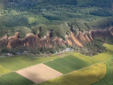 Pemandangan tanah longsor setelah gempa mengguncang Kota Atsuma, Prefektur Hokkaido, Jepang, Kamis (6/9). Gempa Magnitudo 6,6 mengguncang Hokkaido pada Kamis pagi. (Kyodo News via AP)