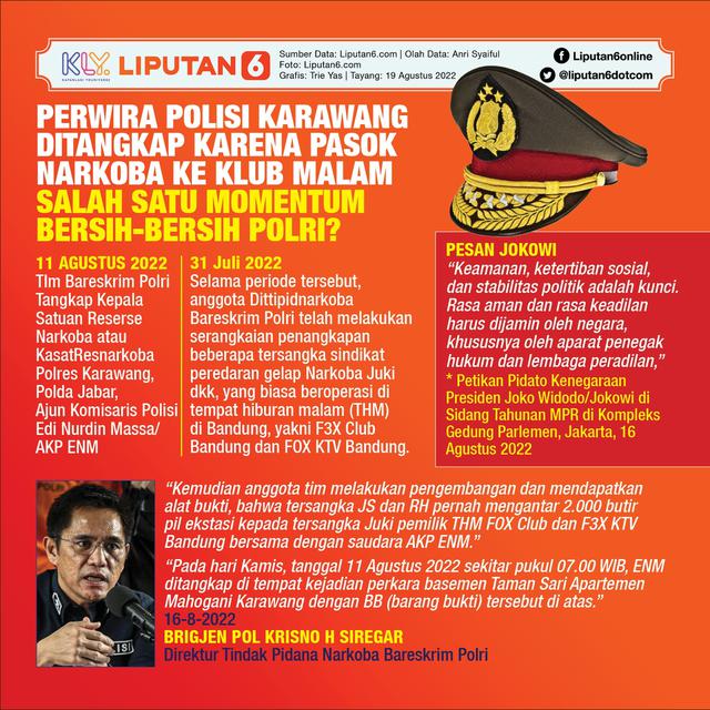 Infografis polisi karawang ditangkap karena pasok narkoba ke klub malam, salah satu momentum bersih-bersih polri?(Liputan6.com/Trieyasni)