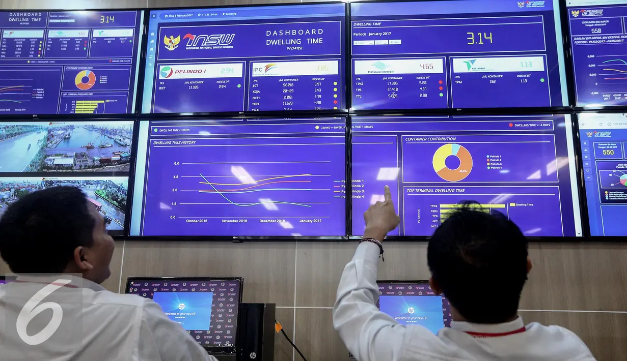 Petugas memperhatikan monitor di kantor pengelola portal INSW, Jakarta, Senin (6/2). Sehingga pemerintah bisa lebih mudah untuk memantau jika ada permasalahan izin maupun bongkar muat. (Liputan6.com/Faizal Fanani)