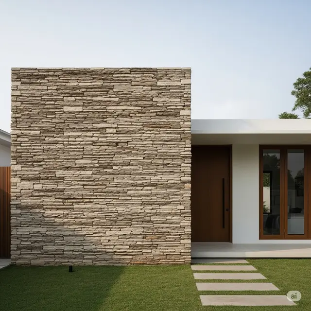 Rumah 4×3 Minimalis Hemat Budget dengan Aksen Batu Alam (Image Gemini AI)