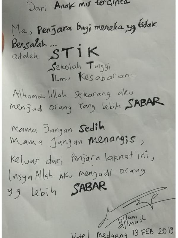 Surat Ahmad Dhani (Sumber: Instagram/mulanjameela1)