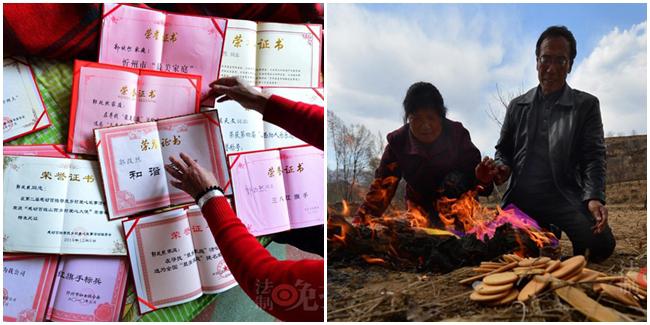 Berbagai penghargaan yang diterima Guo dan Chen (kiri). Mengirim doa untuk anak-anak adopsi yang telah meninggal (kanan). | Foto: copyright shanghaiist.com