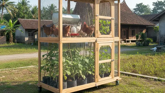 Desain Kandang Ayam Multifungsi Sekaligus Kebun Sayur. AI
