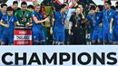 Thailand berhasil menjuarai ajang Piala AFF 2022 setelah mengalahkan Vietnam dengan agregat 3-2 di partai final pada Senin (16/01/2023). Theerathon Bunmathan (tengah kiri) menjadi pembeda setelah mencetak gol semata wayang pada leg kedua final yang berlangsung di Stadion Thammasat, Rangsit, Thailand. (AFP/Lillian Suwanrumpha)