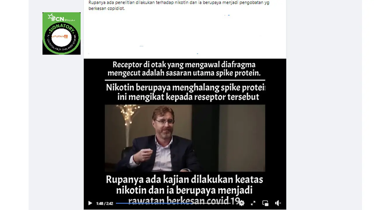 Tangkapan layar klaim nikotin efektif obati Covid-19