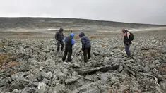 Arkelolog dan dua pemburu yang menemukan sebilah pedang milik bangsa Viking menelusuri sebuah gunung di Norwegia, 4 September 2017. Pedang dari bangsa Viking itu ditemukan pemburu rusa kutub, Einar Ambakk, saat berburu di antara bebatuan. (AP Photo)