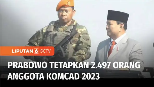 Menteri Pertahanan Prabowo Subianto menghadiri penetapan ribuan anggota Komponen Cadangan TNI 2023 di kawasan Batujajar, Kabupaten Bandung Barat, Jawa Barat, Jumat siang. Prabowo sangat bangga dengan kemampuan yang dimiliki Komcad.