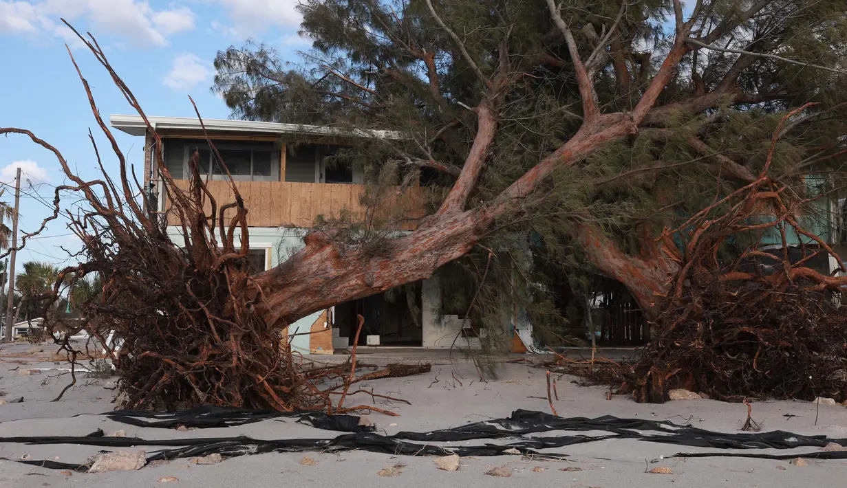 Badai tersebut menerjang daratan pada Rabu malam di dekat Siesta Key, Florida, menghancurkan rumah, jalan, kabel listrik, pohon, dan bangunan. (Joe Raedle/Getty Images North America/Getty Images via AFP)