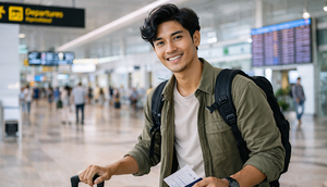 Ilustrasi seorang pria yang sesang di bandara. ©AI Sora.