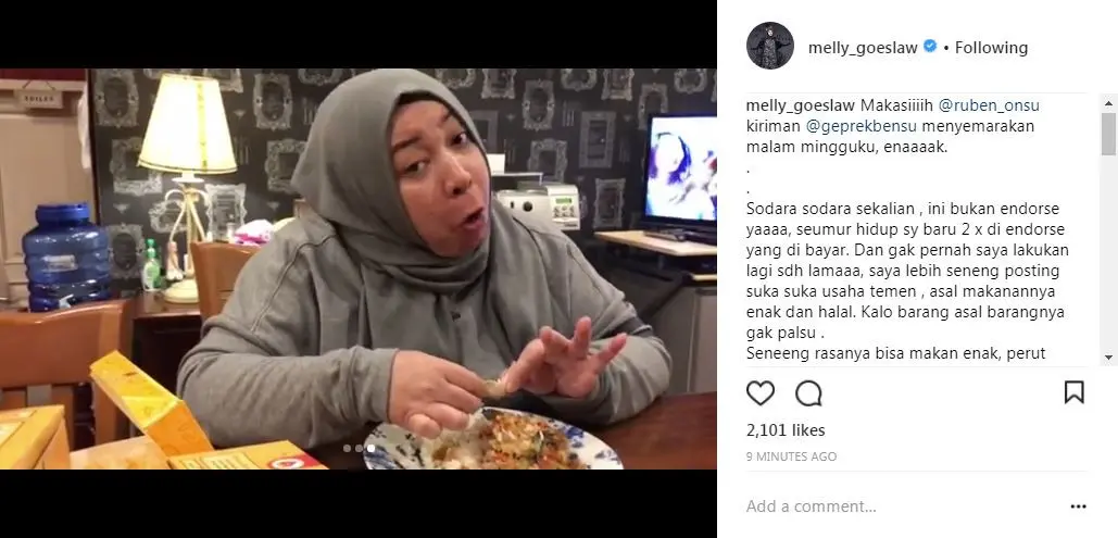 Melly Goeslaw santap makanan dengan lahap (Foto: Instagram)