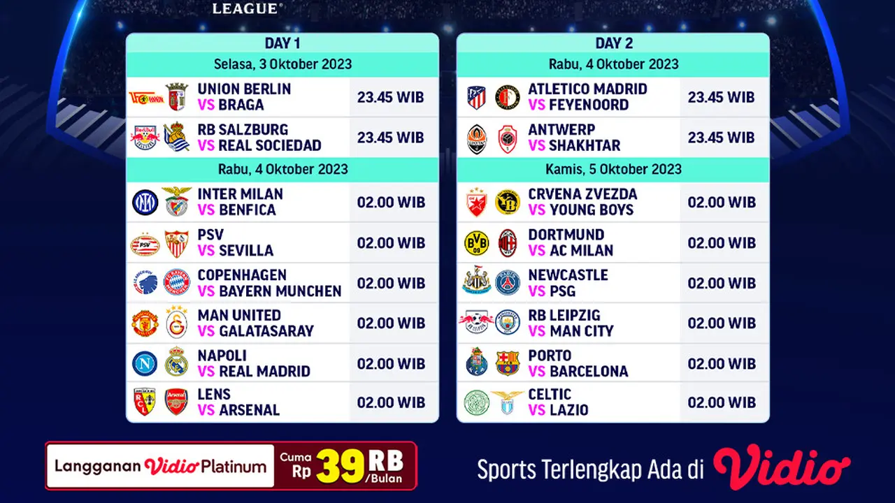 Jadwal Live Streaming Liga Champions 2023/2024 Matchweek 2 di Vidio, 3-5 Oktober 2023
