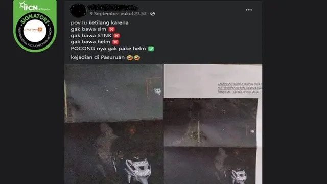 Gambar tangkapan layar foto yang diklaim pengendara sepeda motor tertangkap kamera tilang elektronik sedang membonceng pocong. (sumber: Facebook)