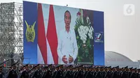 Dalam HUT ke-77 TNI AU, Presiden Joko Widodo atau Jokowi turut menyampaikan ucapan selamat dalam video yang ditayangkan. (Liputan6.com/Faizal Fanani)