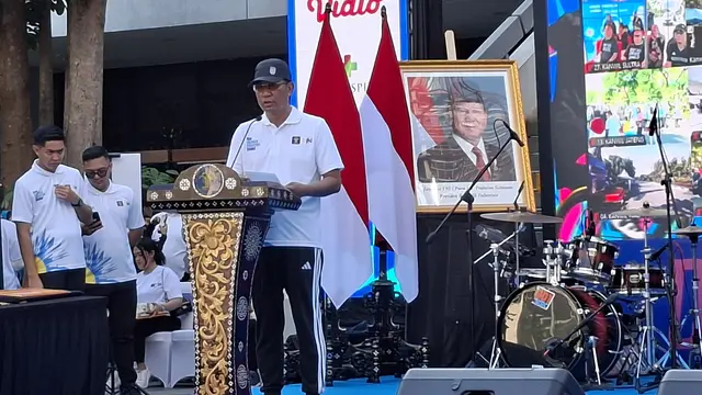 Menteri Hukum (Menkum) Supratman Andi Agtas dalam acara peringatan Hari Kekayaan Intelektual Sedunia, Minggu (26/4/26) di Anjungan Sarinah, Jakarta. (Liputan6.com/Rifqy Alief Abiyya)