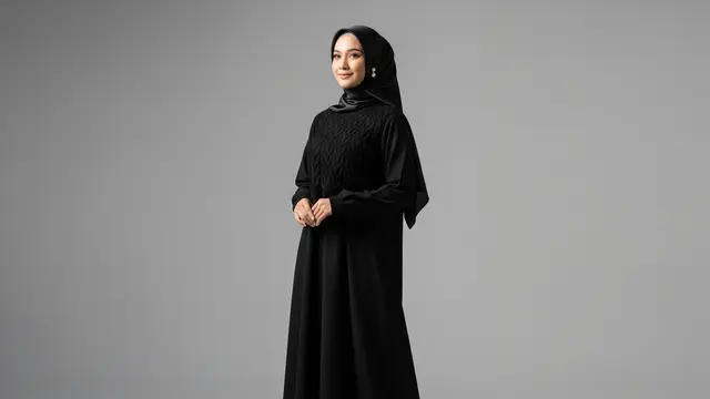 Abaya Hitam Elegan dengan Rajut Kabel di Dada