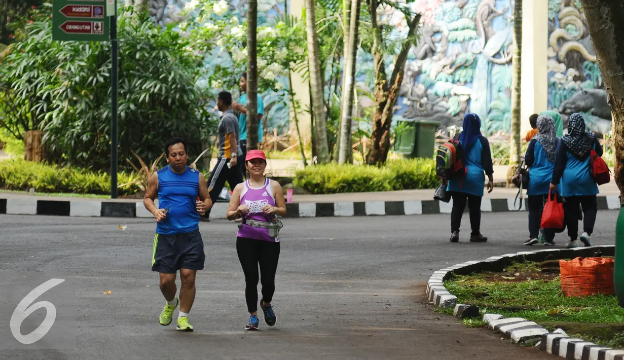  Warga berlari di sekitar kawasan Kebun Binatang Ragunan, Jakarta, Minggu (9/10). Kawasan KBR menjadi salah satu lokasi alternatif warga Jakarta untuk berolahraga pada Minggu pagi. (Liputan6.com/Helmi Fithriansyah)