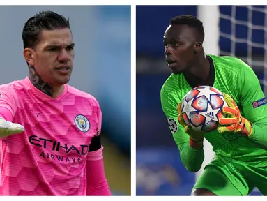 Partai final Liga Champions yang mempertemukan Manchester City melawan Chelsea yang akan berlangsung 30 Mei 2021 nanti mempertemukan dua kiper tangguh di bawah mistar. Ederson di kubu The Citizens dan Edouard Mendy di kubu The Blues. Berikut komparasi keduanya. (Kolase Foto AFP)