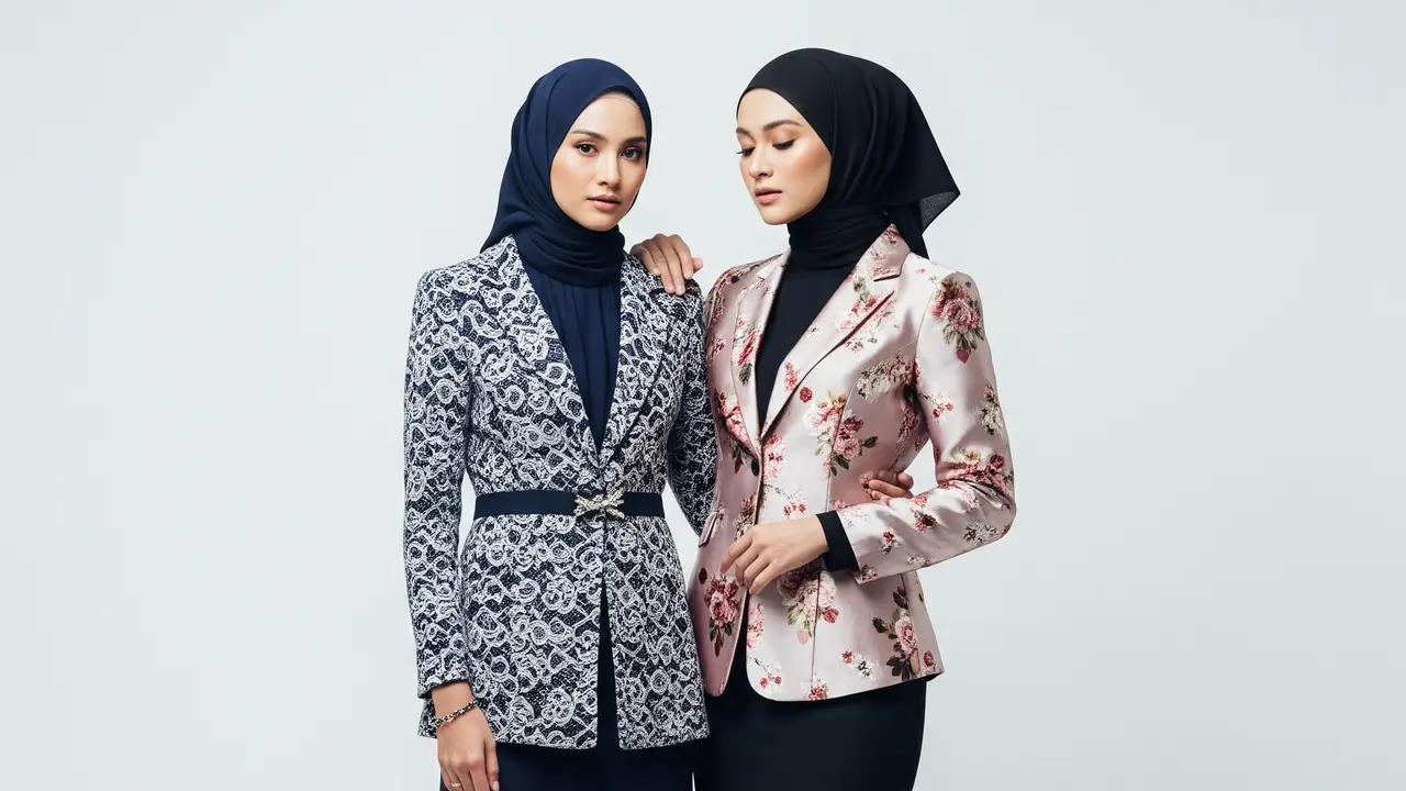 Inspirasi Setelan Baju Pesta Muslimah Blazer Rok Panjang.