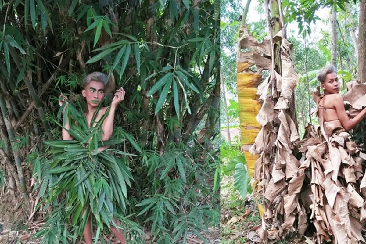 6 Outfit Kocak Melki Spomo Pakai Daun Ini Bikin Ketawa Geli