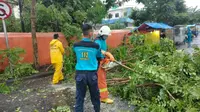 Petugas merapikan pohon yang tumbang akibat hujan di Surabaya. (Dian Kurniawan/Liputan6.com)