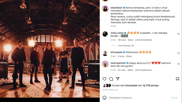Cokelat kembali dengan Kikan dan formasi lengkap, penikmat musik sambut bahagia. (Instagram @kikankikan)