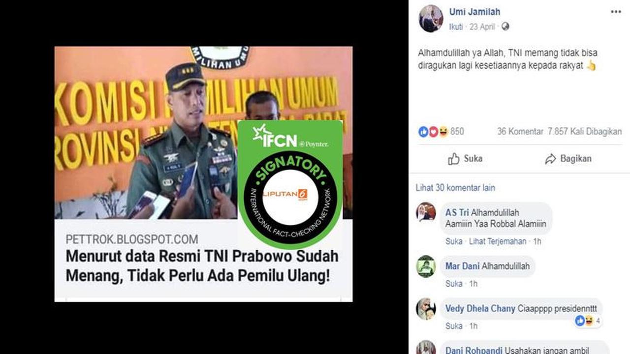 [Cek Fakta] Gambar Tangkapan Layar Klaim TNI Atas Kemenangan Prabowo