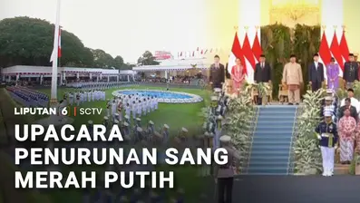 Prosesi penurunan bendera menandai berakhirnya rangkaian seremoni kenegaraan peringatan HUT ke-81 Kemerdekaan Republik Indonesia. Sejumlah pagelaran seni ikut memeriahkan acara di Istana Merdeka, Jakarta.