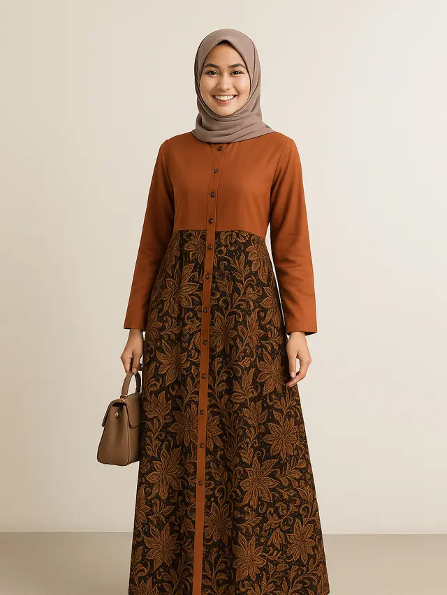Model Gamis Batik Kombinasi Polos Kerah Shanghai 2025/ Ilustrasi gambar oleh AI