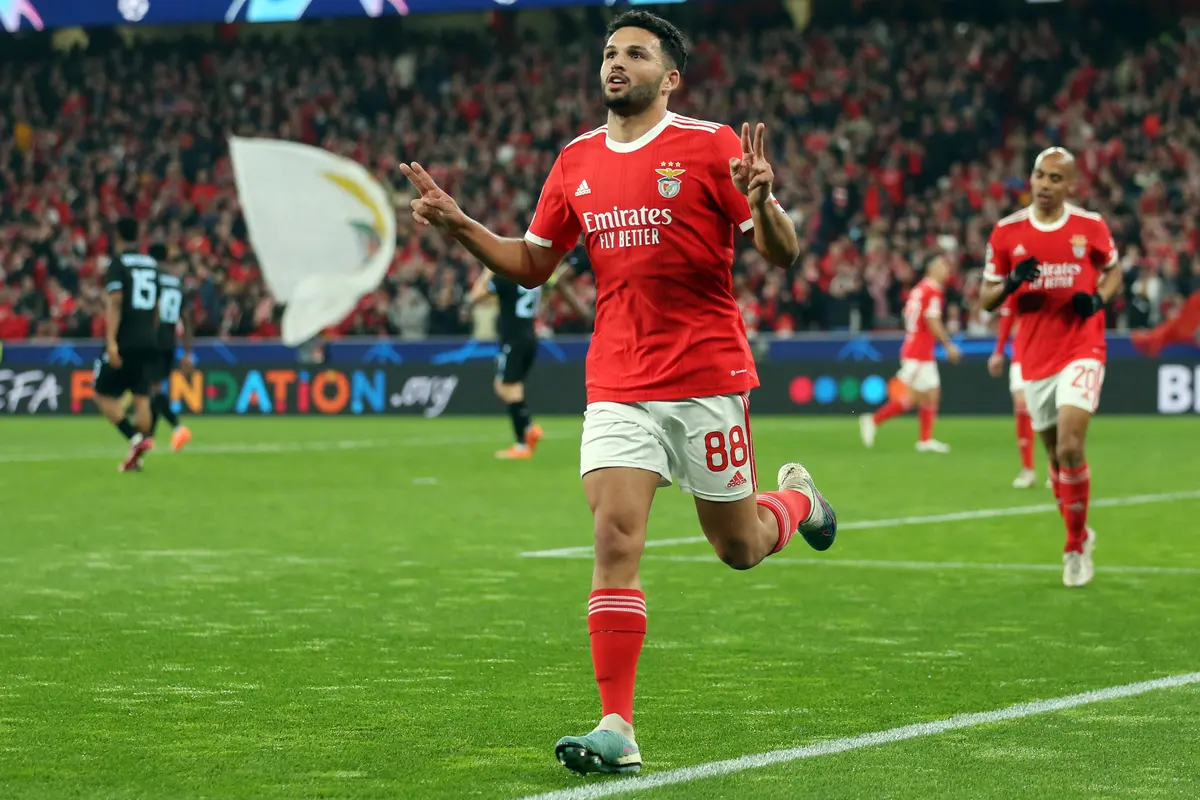 Selebrasi pemain Benfica Goncalo Ramos saat menjebol gawang Club Brugge