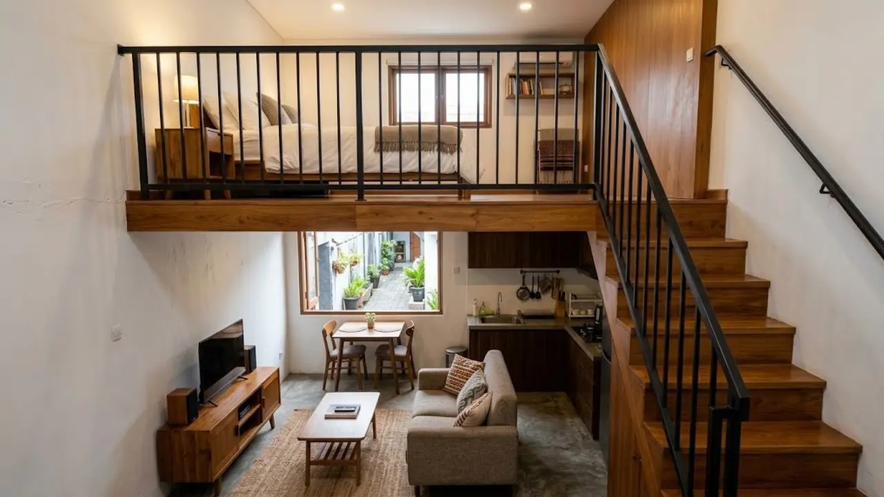 Rumah Mezzanine dengan Kamar Tidur di Lantai Atas