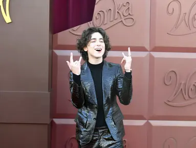 Aktor Timothee Chalamet menghadiri premiere film Wonka di Regency Village Theatre di Westwood, California, Minggu (10/12/2023). (JC Olivera/Getty Images/AFP)