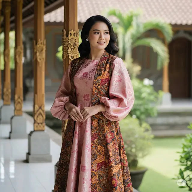 Dress Blush Pink Brokat A-Line dengan Lengan Balon dan Outer Batik