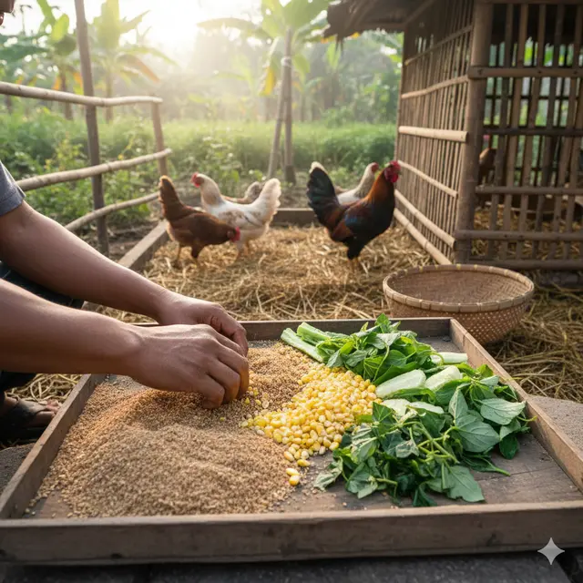 Cara Mengatur Pakan Ayam Rumahan (Foto: Gemini AI)