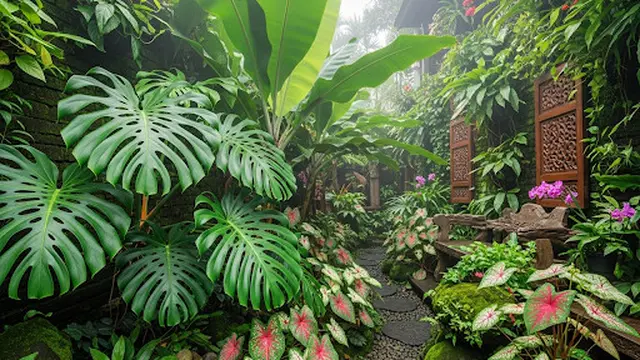 Taman Tropis dengan Tanaman Berdaun Lebar