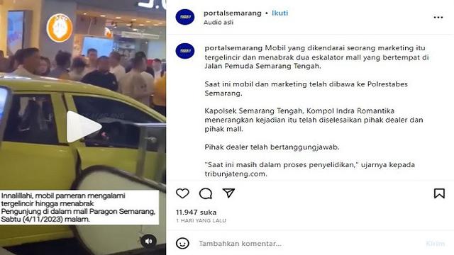 Viral video yang merekam mobil pameran tergelincir dan menabrak sejumlah pengunjung Mal Paragon, Semarang, Jawa Tengah (Instagram @portalsemarang)