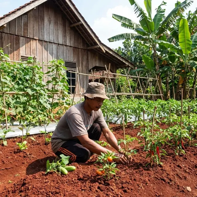 Menanam cabai, tomat, dan mentimun di tanah merah